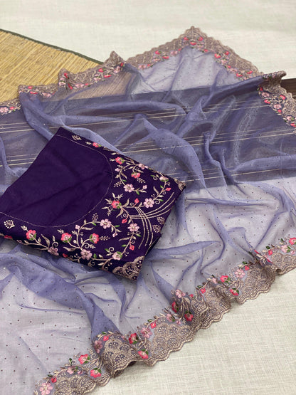 Blue & Pink Twill Net Saree Adorned with Shimmering Swarovski Diamonds – A Royal Touch - Madhuram Sarees