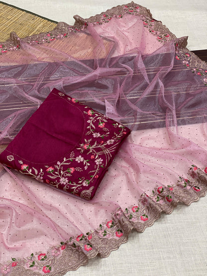 Blue & Pink Twill Net Saree Adorned with Shimmering Swarovski Diamonds – A Royal Touch - Madhuram Sarees