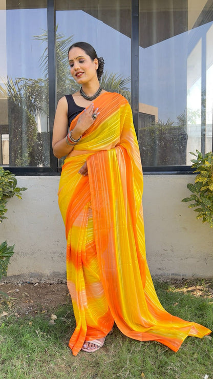 Orange Premium Soft Nylon with Weaving Zari Print – Elegant & Lightweight Ready-to-Wear 1-Min Saree - Madhuram Sarees