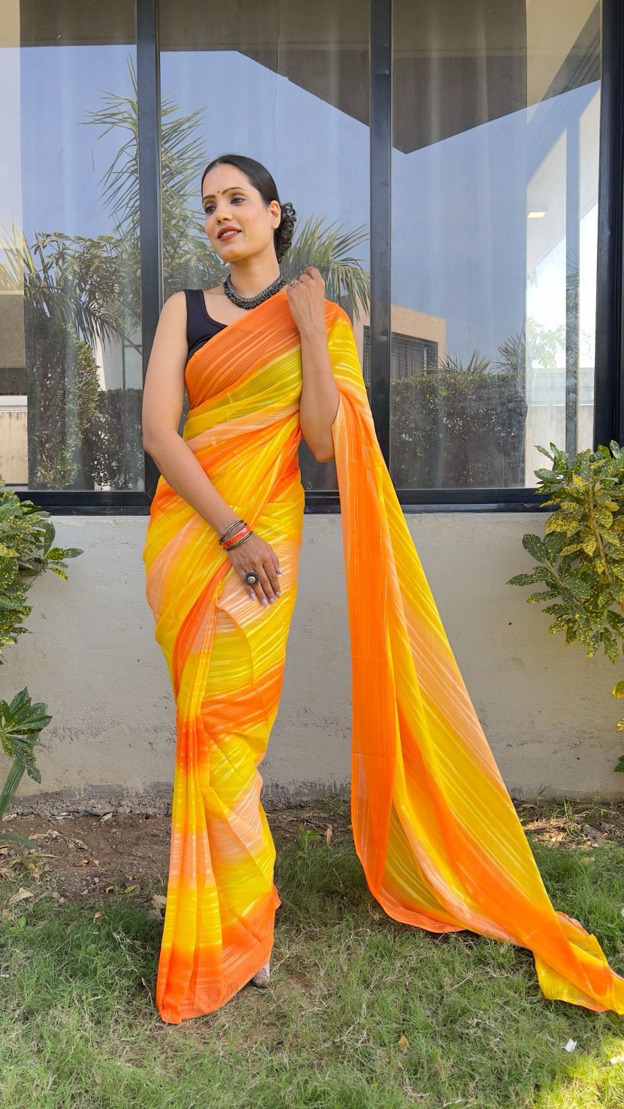 Orange Premium Soft Nylon with Weaving Zari Print – Elegant & Lightweight Ready-to-Wear 1-Min Saree - Madhuram Sarees