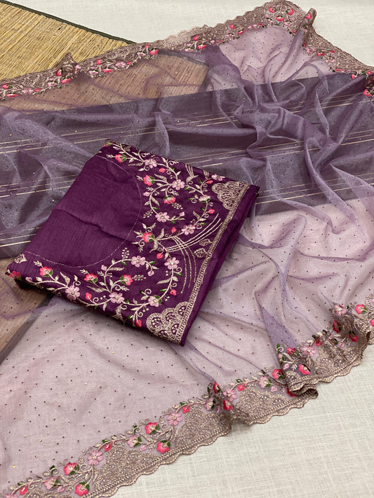 Premium Look Twill Net Saree Adorned with Shimmering Swarovski Diamonds – A Royal Touch - Madhuram Sarees