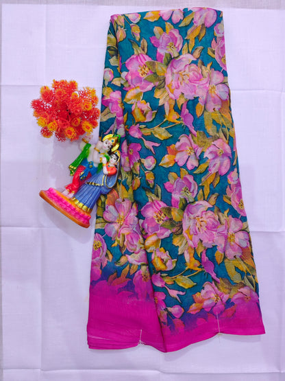 💖 Floral Printed Cotton Silk Saree with Patti Border – Multicolor Elegance 💖 - Madhuram Sarees