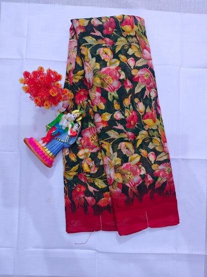 💖 Floral Printed Cotton Silk Saree with Patti Border – Multicolor Elegance 💖 - Madhuram Sarees