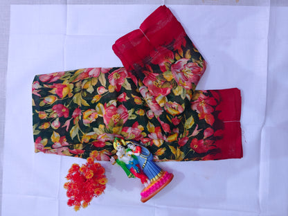 💖 Floral Printed Cotton Silk Saree with Patti Border – Multicolor Elegance 💖 - Madhuram Sarees