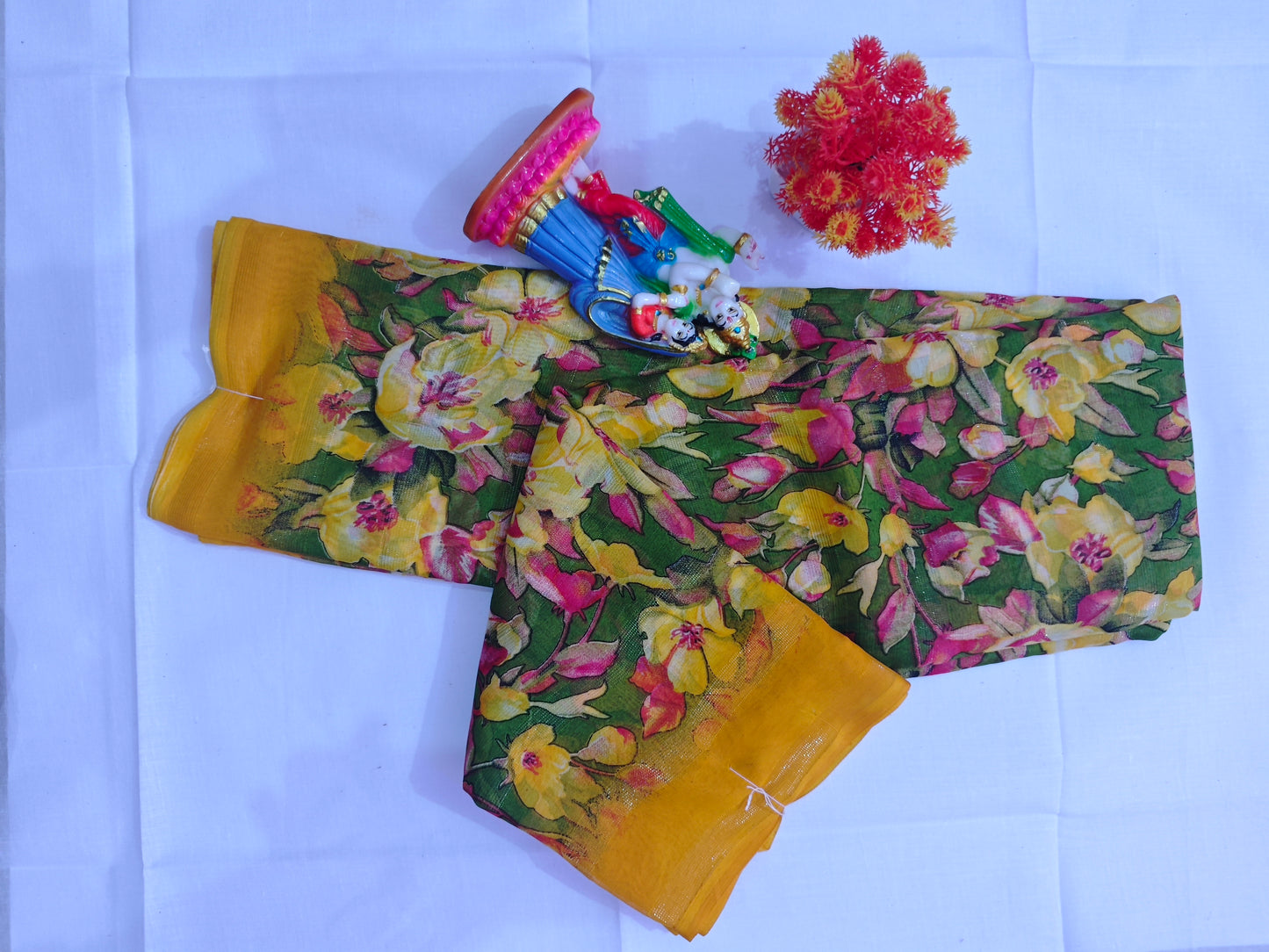 💖 Floral Printed Cotton Silk Saree with Patti Border – Multicolor Elegance 💖 - Madhuram Sarees