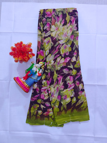 💖 Floral Printed Cotton Silk Saree with Patti Border – Multicolor Elegance 💖 - Madhuram Sarees