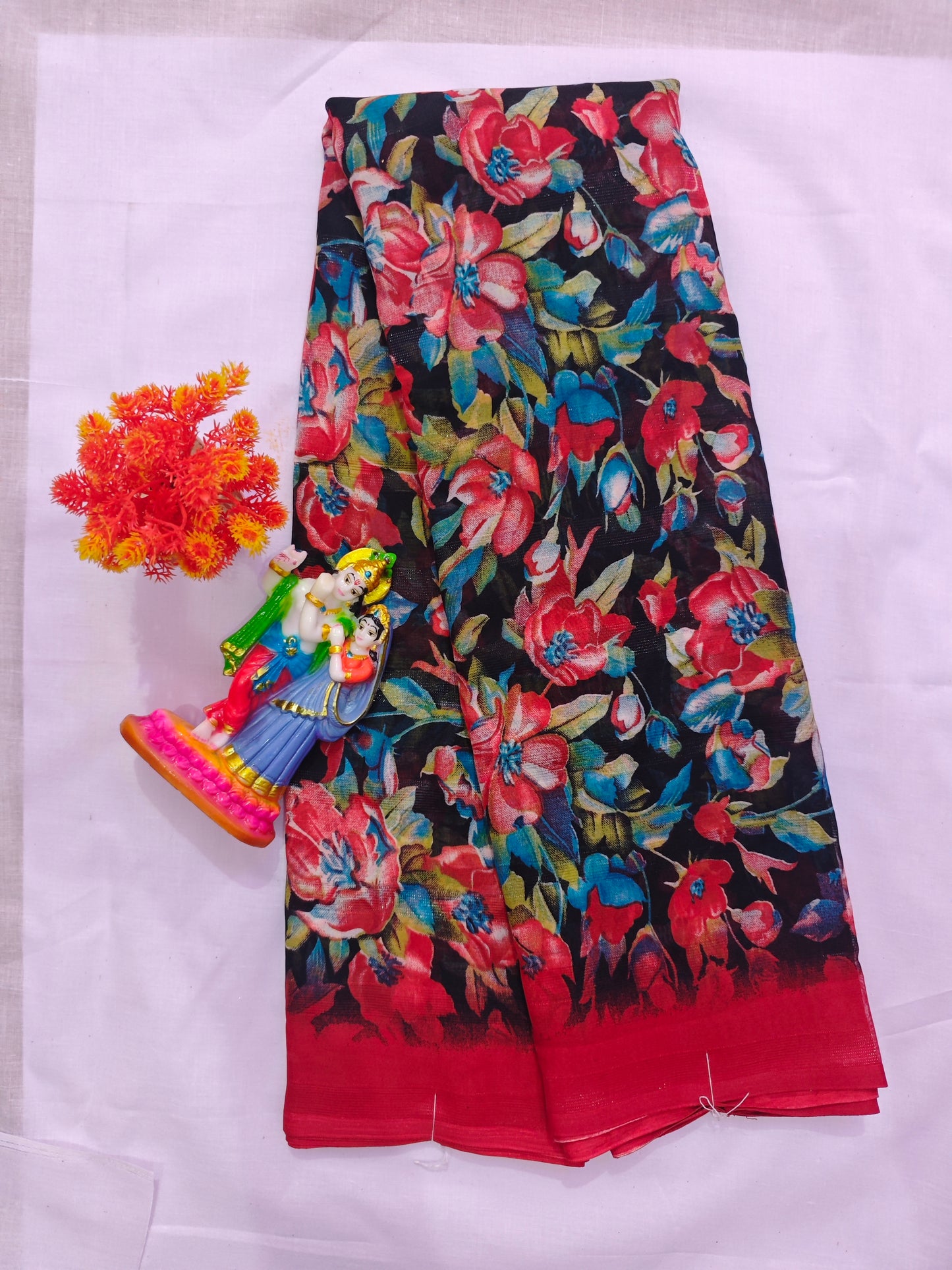 💖 Floral Printed Cotton Silk Saree with Patti Border – Multicolor Elegance 💖 - Madhuram Sarees